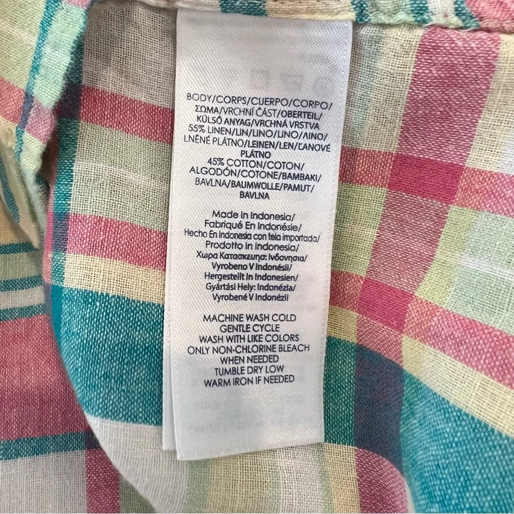 Chaps Womens Linen Blend Button Up Shirt 1X Pink Green Plaid Coastal Preppy - Picture 7 of 11